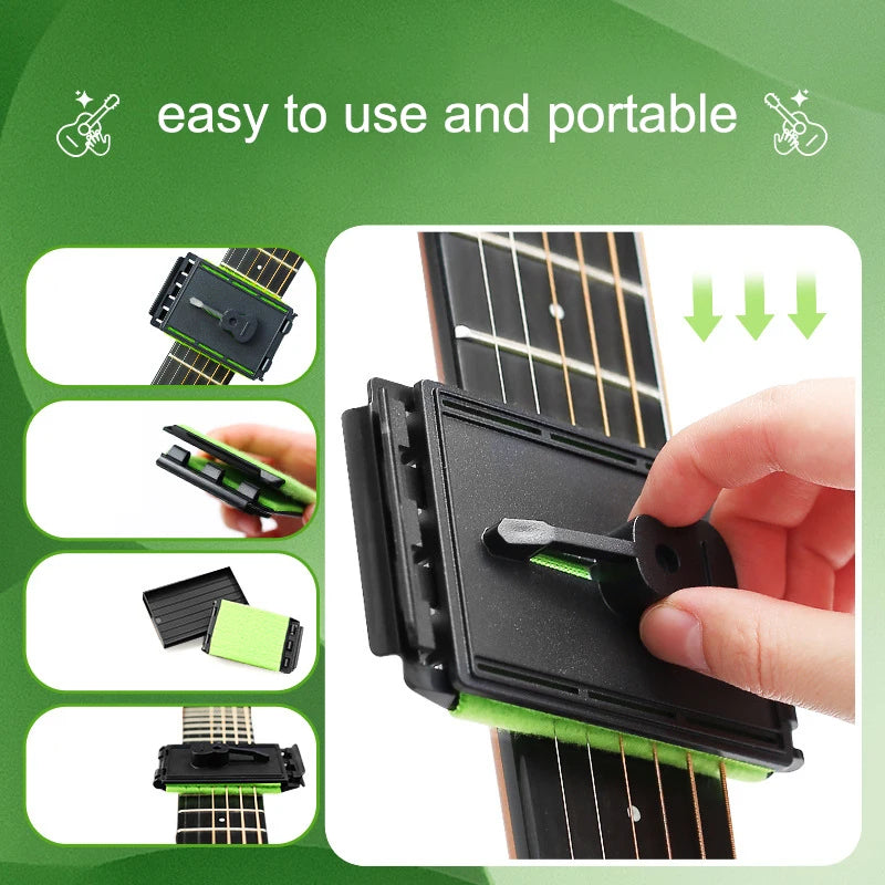 A set of guitar fretboard cleaning tools including a specialized tool and microfiber cloth shown on a wooden fretboard.