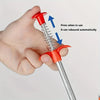 A hand is pressing a red drain auger with a silver shaft and claw grabber, demonstrating its automatic rebound feature.