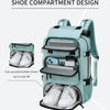 A light blue backpack designed with a shoe compartment, showing how it can accommodate shoes up to size 46.