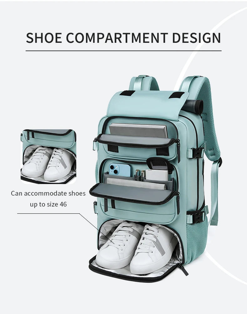 A light blue backpack designed with a shoe compartment, showing how it can accommodate shoes up to size 46.