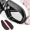 Close-up view of a black carbon fiber car side mirror rain and sun visor with red accents.