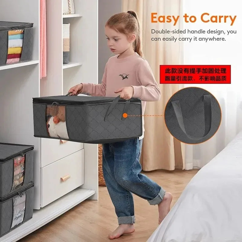A young girl is carrying a black foldable storage bag with a transparent window, demonstrating its easy portability.