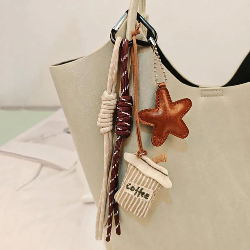 Kawaii Cartoon Linen Keychain – Cute Coffee & Bread Design with Leather Heart Pendant