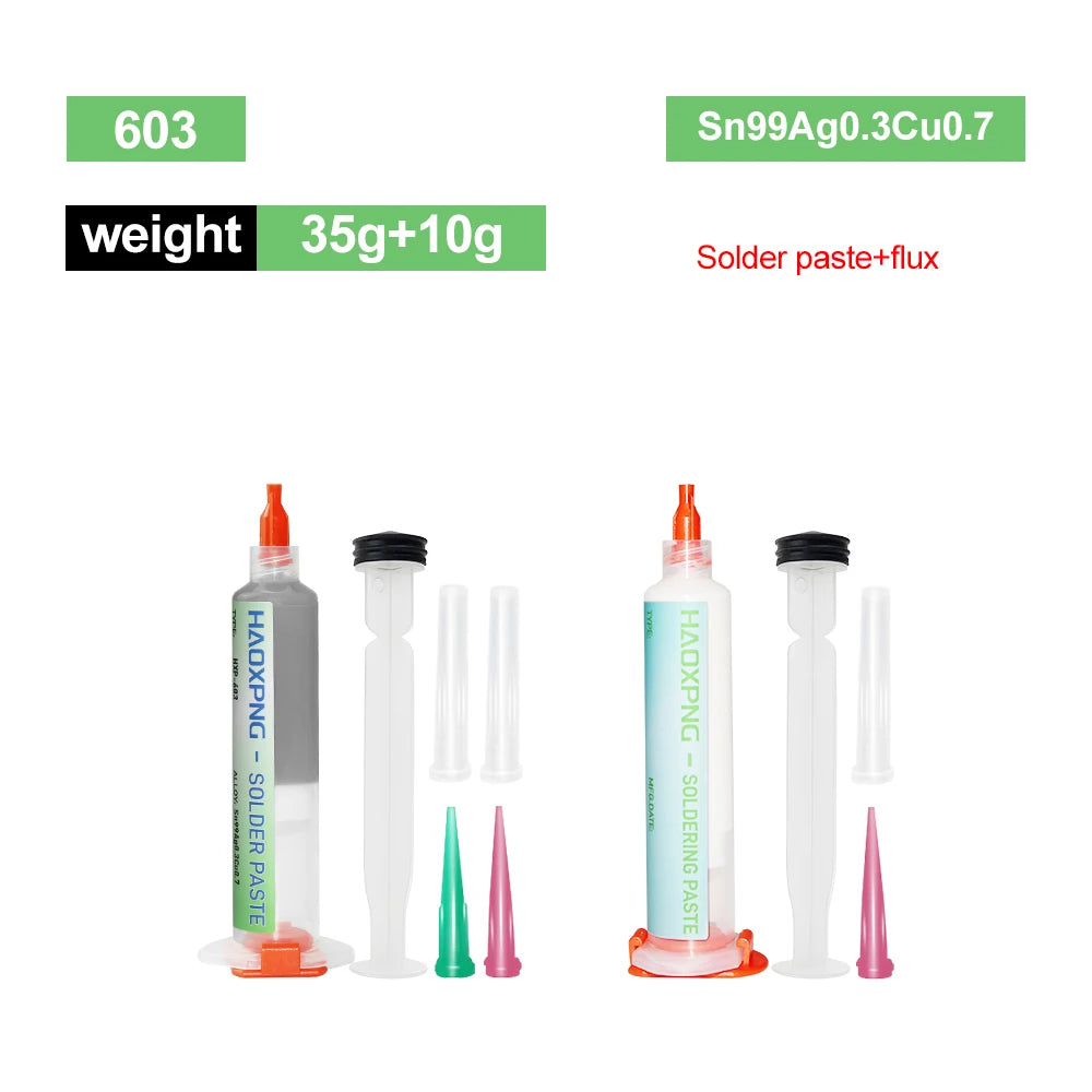 A set of solder paste and flux for electronics repair, including a glass bottle and various tips.