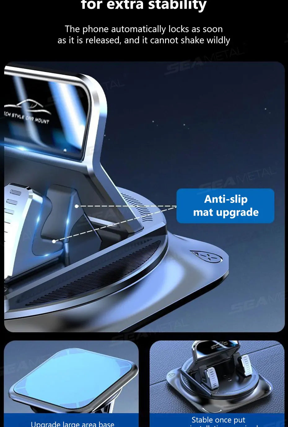 A close-up view of a silver phone mount with an anti-slip silicone upgrade, showing its stability features.