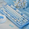 Ocean blue MOA Profile PBT keycaps for mechanical keyboards displayed on a white cloth.