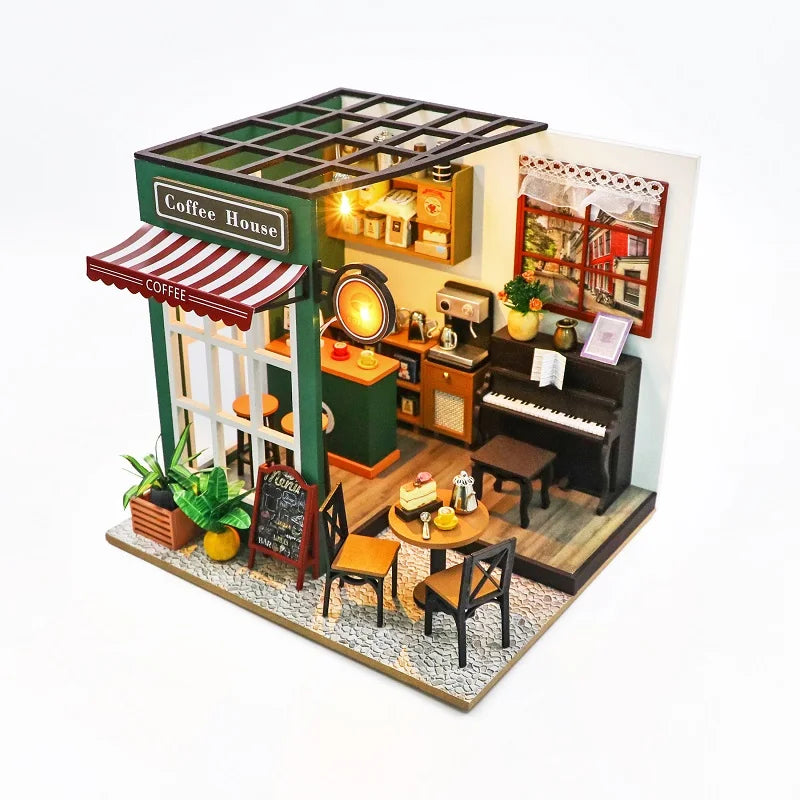 DIY Wooden Dollhouse Miniature Coffee Shop Model Kit