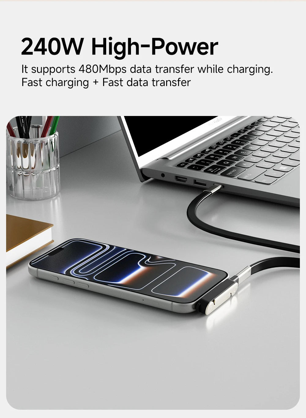USB-C to USB-C Adapter with Foldable Phone Stand – 240W Fast Charging & Data Transfer