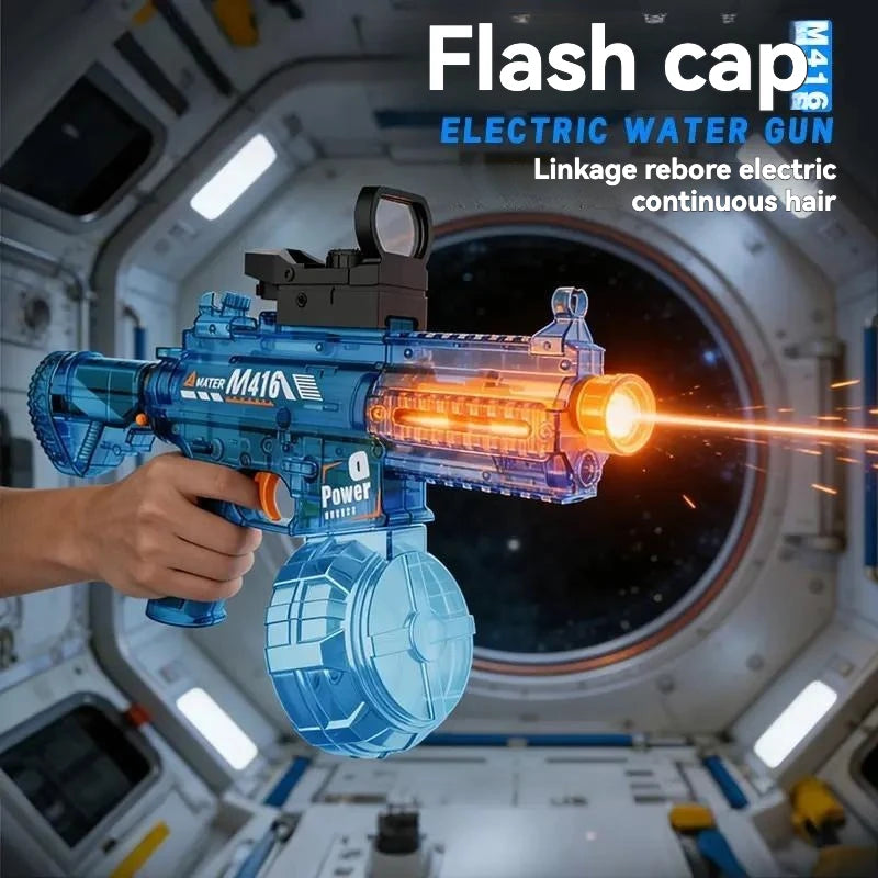 A hand holds a blue M416 flash cap electric water gun firing a continuous stream of water.