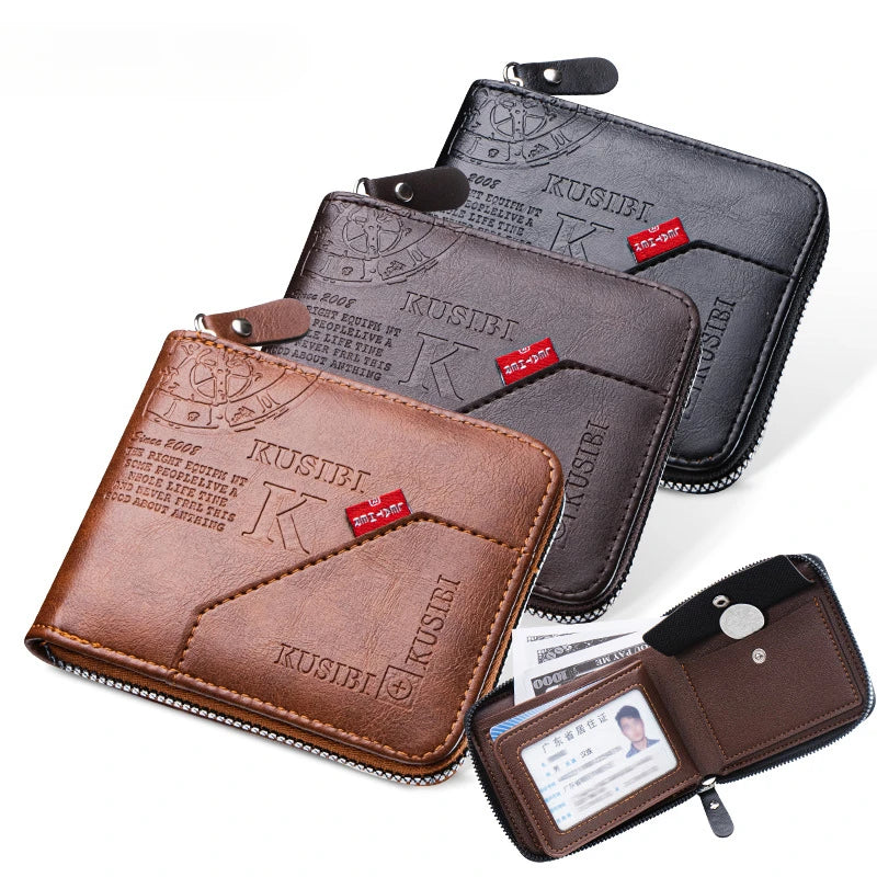 A set of dark brown vintage PU leather zipper wallets featuring a coin pocket and embossed KUSIBI branding.
