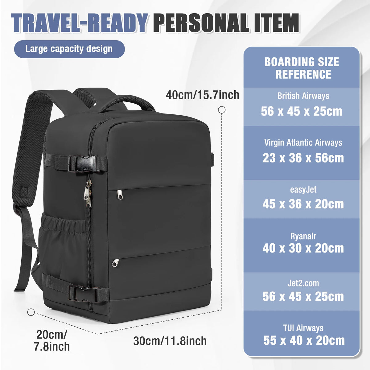 A dark gray travel-ready personal item backpack designed for large capacity, shown with size references.