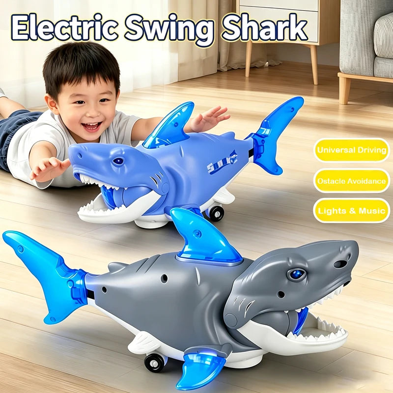 A blue and gray electric swing shark toy is shown on a wooden floor with a child nearby.