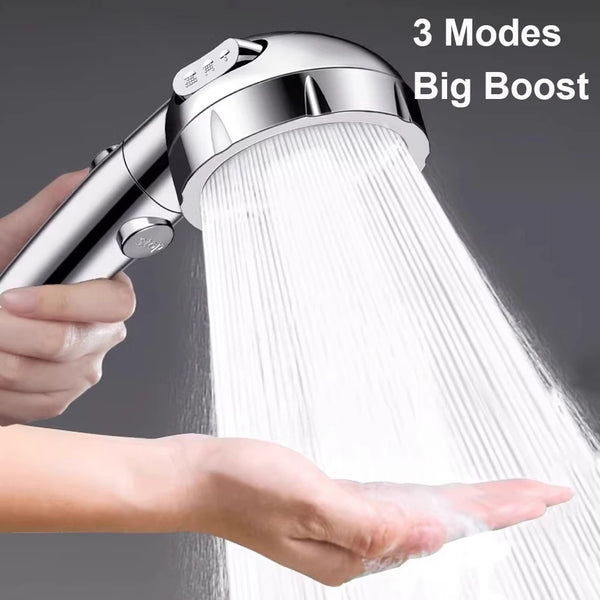 3-Mode Adjustable Chrome Shower Head with One-Touch Stop Button