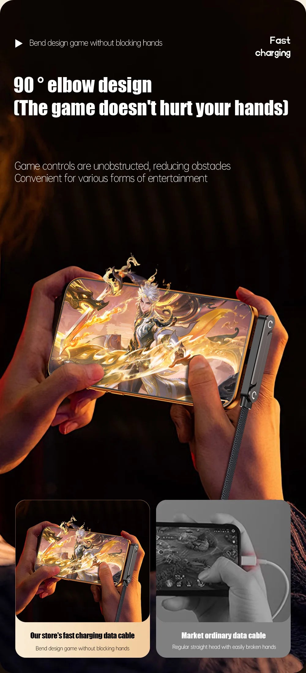 Hands hold a smartphone displaying a game, with a foldable cable charging the device.