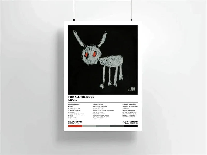 A black and white canvas print featuring the Drake album art of a dog-like creature with large ears and glowing eyes.