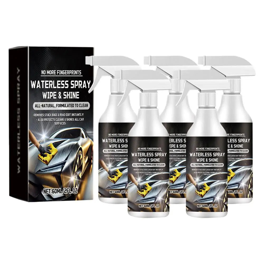 Un set de toallitas spray sin agua y productos de brillo para limpiar coches, mostrados en sus cajas.