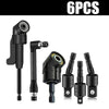 A set of six black drill bit extensions and adapters for a flexible drill kit.