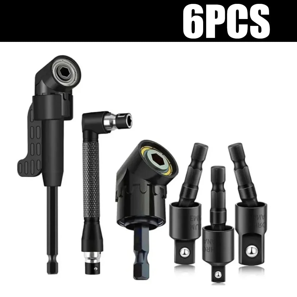 A set of six black drill bit extensions and adapters for a flexible drill kit.