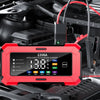 A red intelligent pulse repair charger with an LCD display is shown in a close-up view against a black battery context.