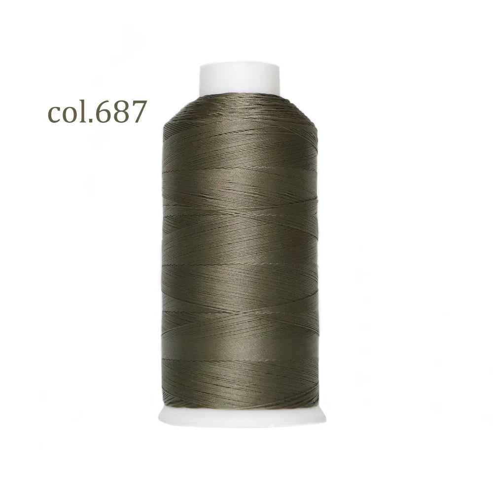 A spool of dark olive green heavy-duty nylon bonded thread labeled col.687.