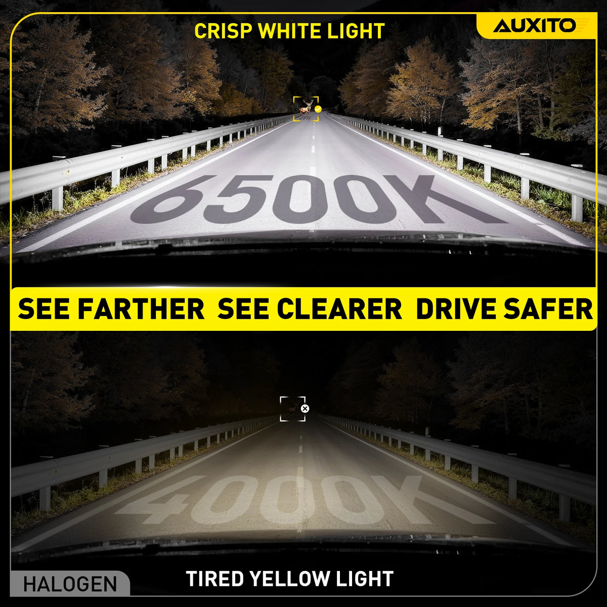 Comparison of a crisp white LED light (6500K) and a tired yellow halogen light (4000K) on a road.