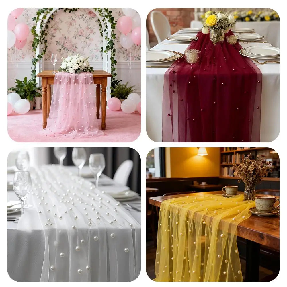 A collection of pearl beaded tulle table runners and sheer gauze tablecloths in pink, gold, and white for weddings and events