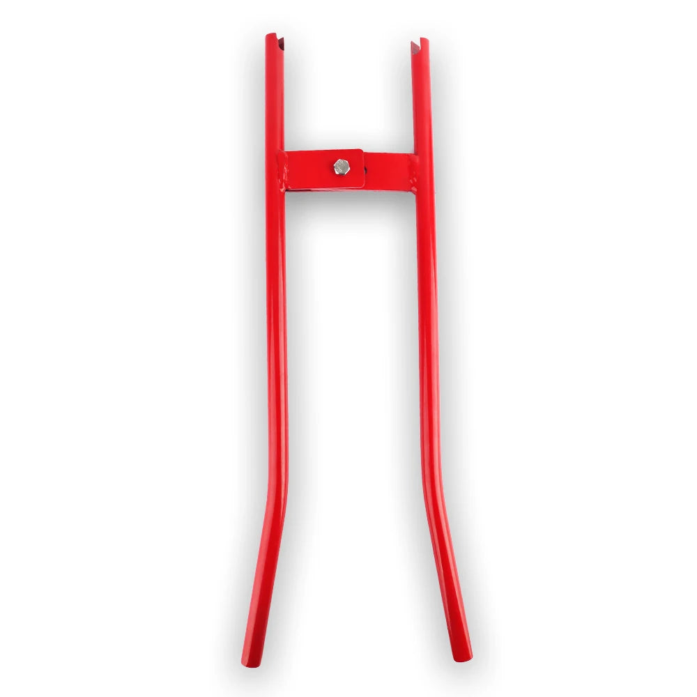 Red heavy-duty truck brake spring installer and remover tool with a vertical mounting bar.