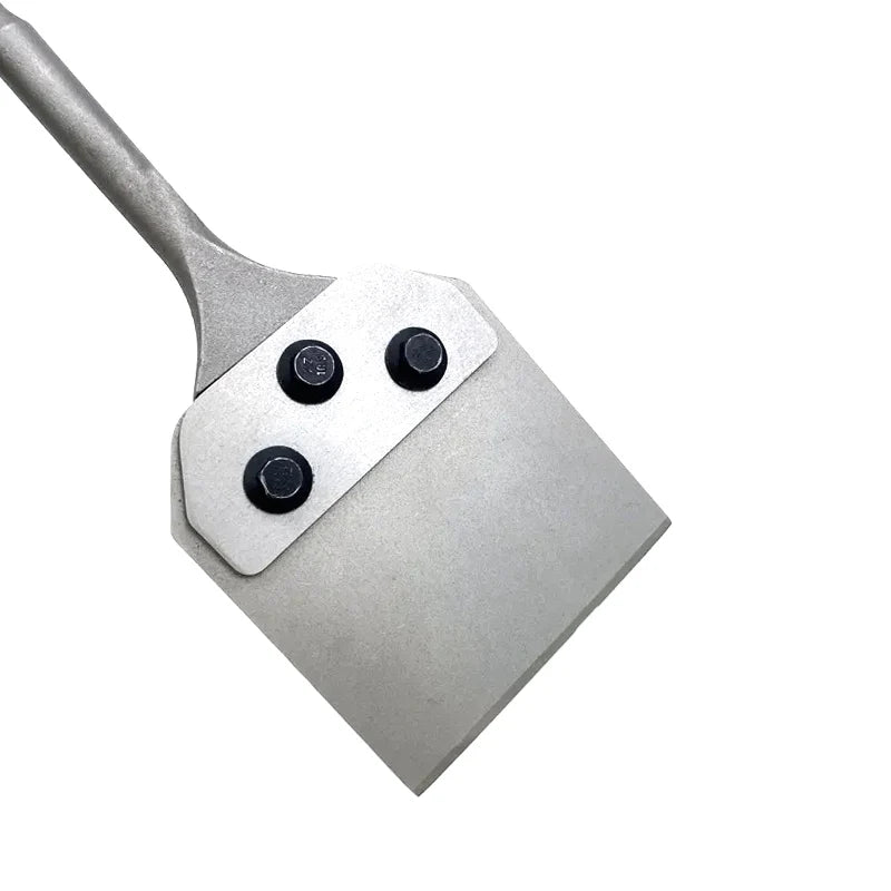 A silver SDS Plus floor scraper tool with a replacement blade set.