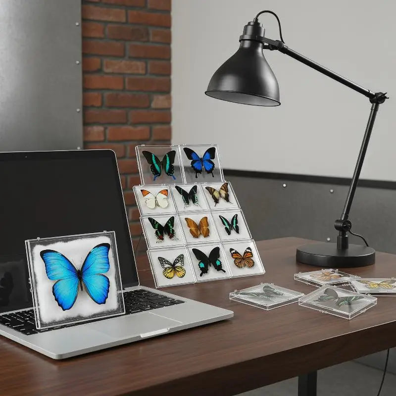 A black desk lamp illuminates a display of various real butterfly specimens in clear protective frames on a wooden table.