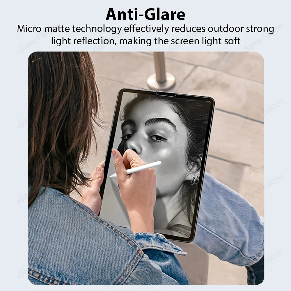 A person is using a Paper-Feel Matte Screen Protector on an iPad, showing the screen's anti-glare effect.