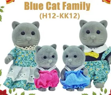 A family of blue cats in plush form, including a mother and kittens.