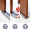 Three steps showing how to install a draft blocker under a door seal using flexible weather stripping.