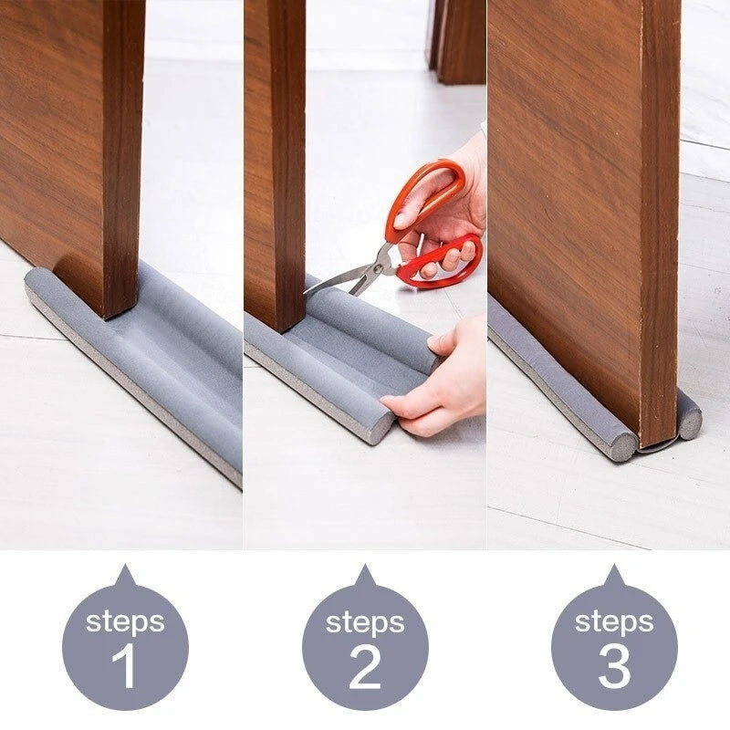 Three steps showing how to install a draft blocker under a door seal using flexible weather stripping.