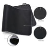 Black stitched-edge non-slip mouse pad shown with detail views of its smooth surface and non-slip features