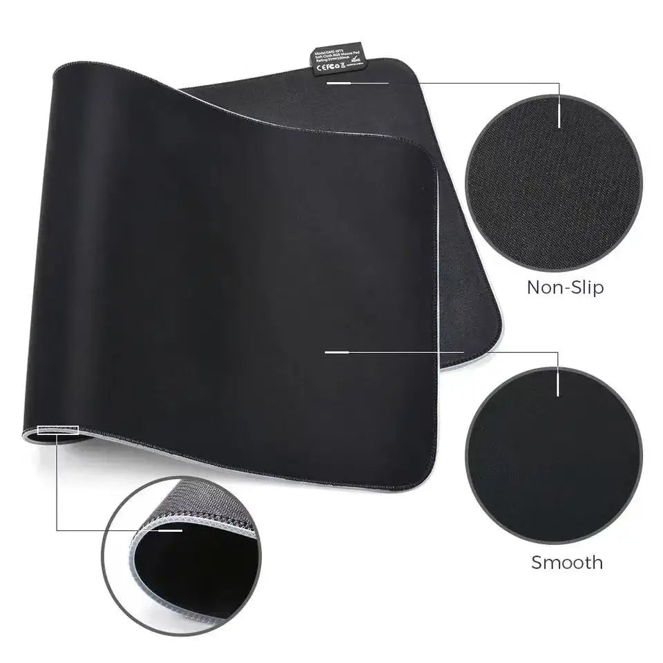 Black stitched-edge non-slip mouse pad shown with detail views of its smooth surface and non-slip features