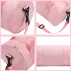Pink compact nylon gym bag showing various angles and features including adjustable straps