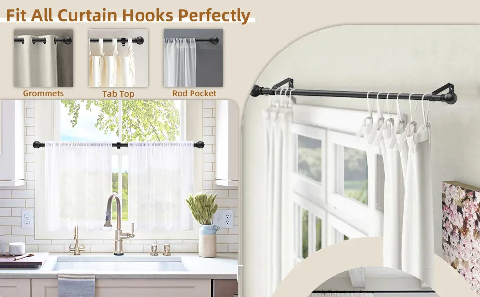 A set of curtain hooks including grommets, tab top, and rod pocket for fitting curtains perfectly.