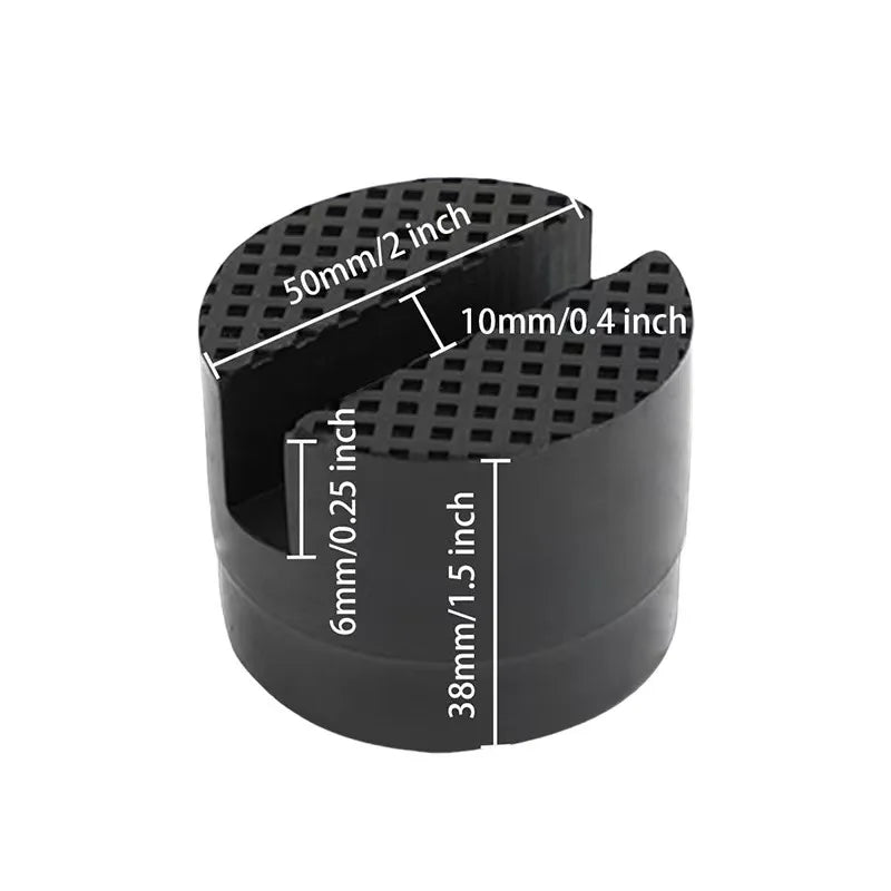 Black rubber jack pad with various sized slots for protecting pinch welds and frame rails