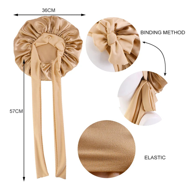 Beige Satin-Schlafhut mit verstellbarer Schnur und Gummiband in verschiedenen Ansichten.