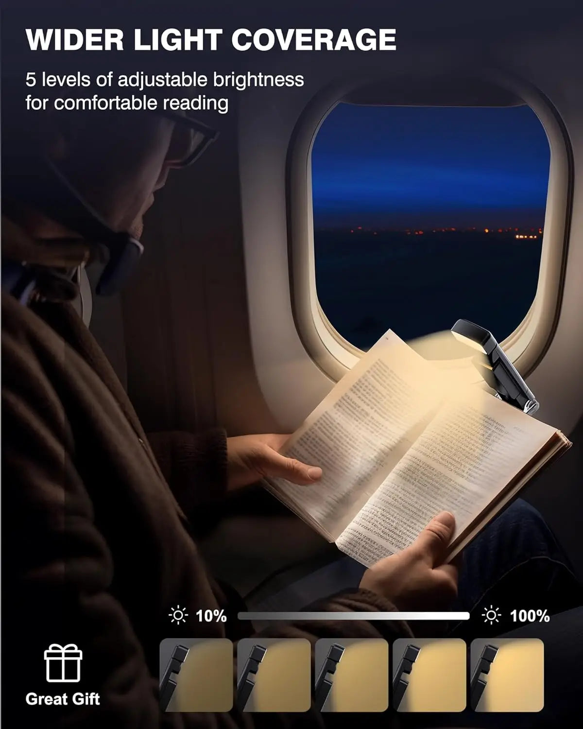 A person reads a book using a rechargeable clip-on LED book light in an airplane window.
