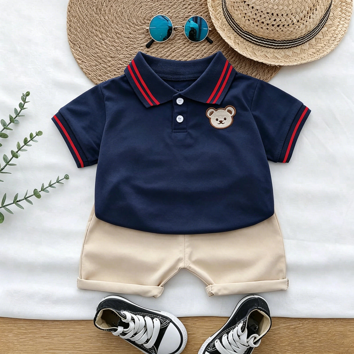 Kids' Embroidered Bear Polo Shirt and Shorts Set