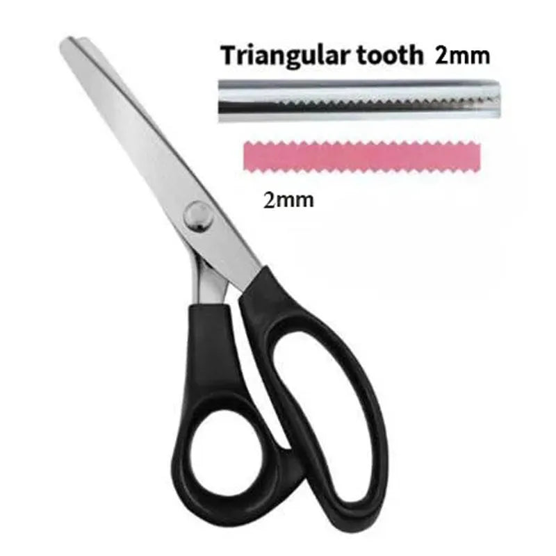 Stainless steel triangular tooth sewing shears with 2mm opening shown in a close-up view