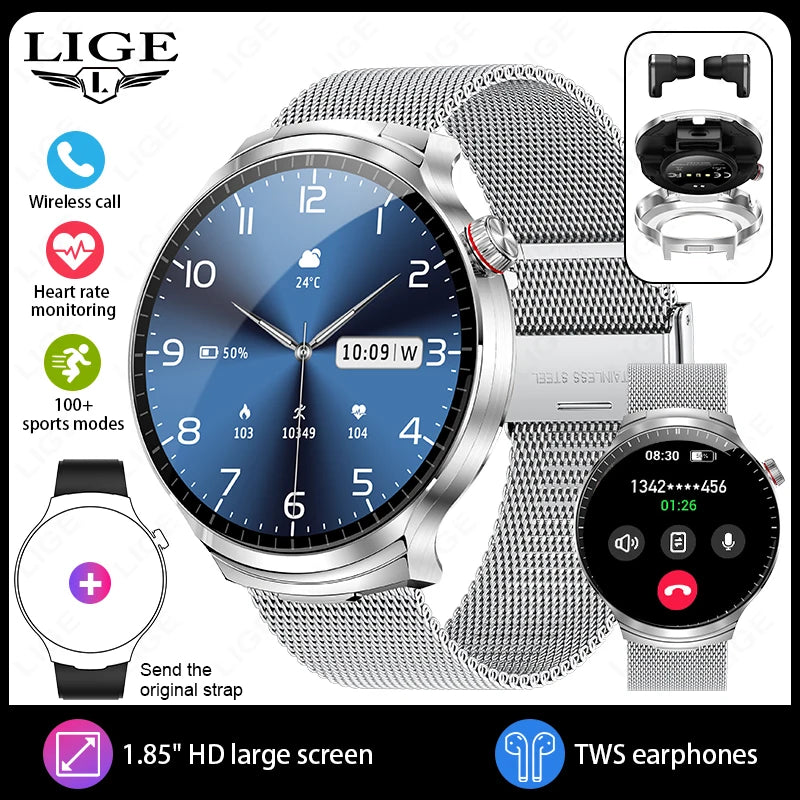 Montre connectée argentée avec cadran bleu et bracelet gris à côté d'écouteurs sans fil.