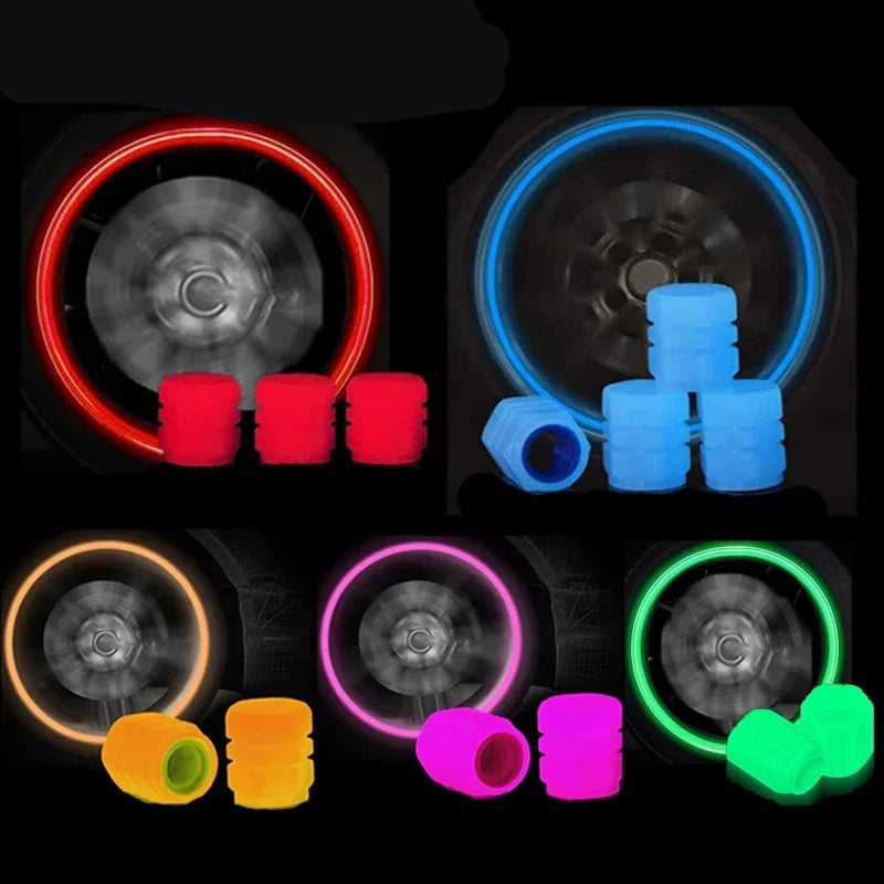 A collection of luminous tire valve caps in various colors including red, blue, orange, and green, shown with glowing rings.