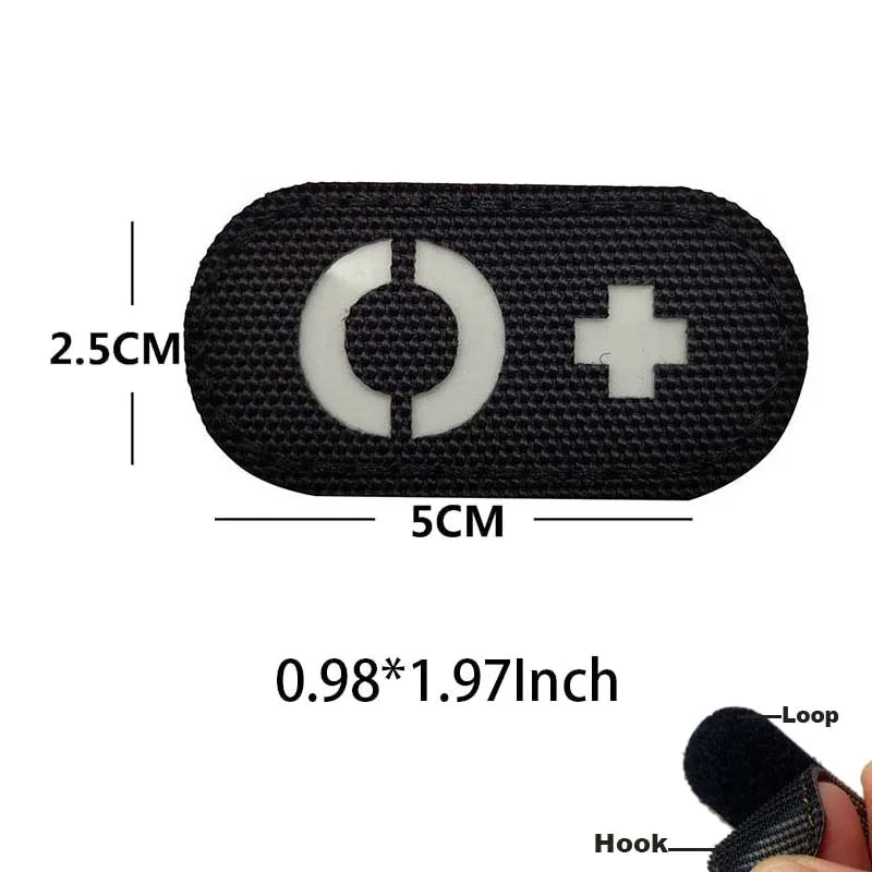 Black glow-in-the-dark blood type tactical patch with hook and loop backing