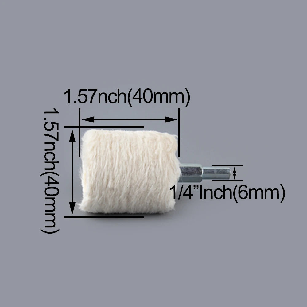 A white cotton polishing buffing wheel with a 1/4 inch shank shown against a gray background.
