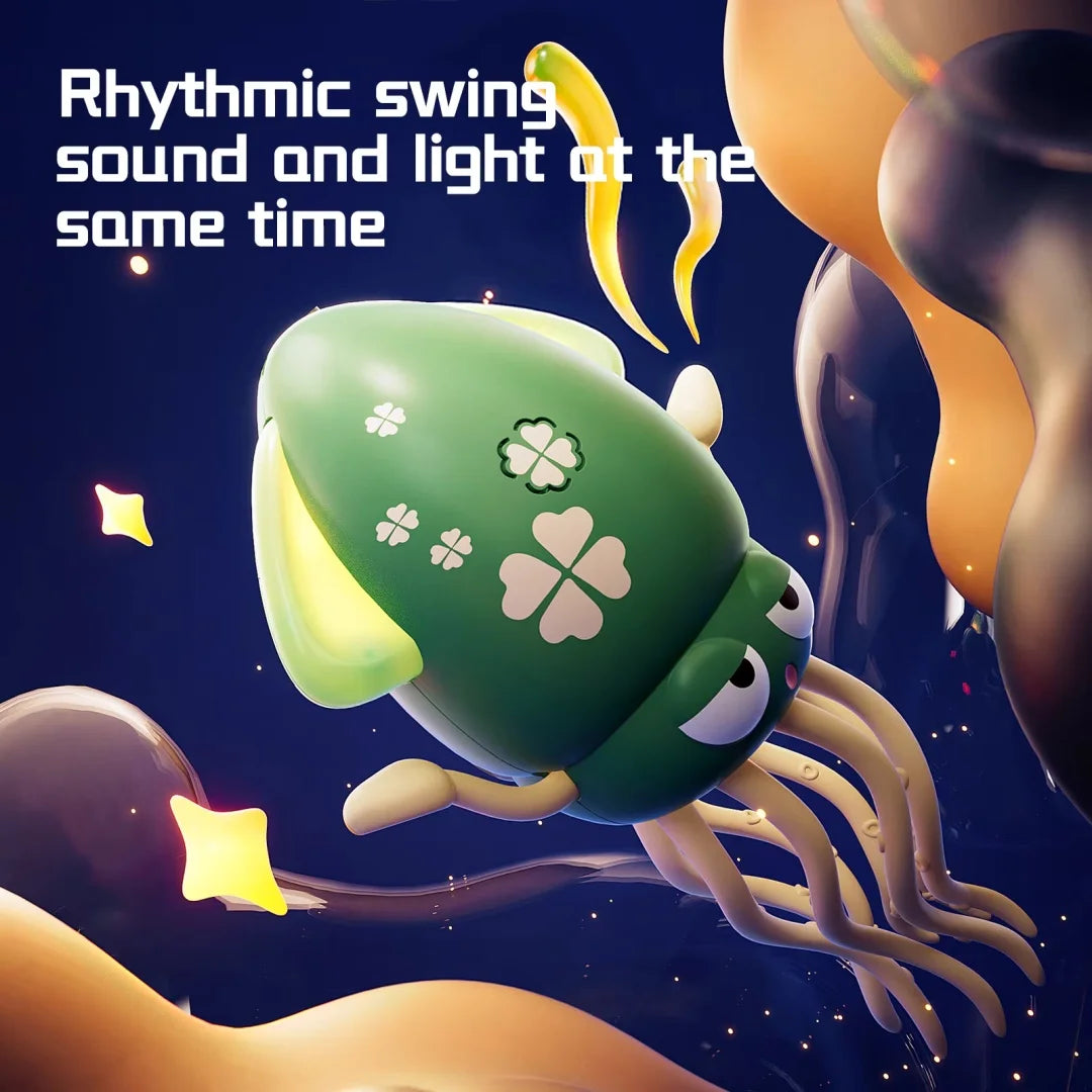 A green, egg-shaped toy with light emitting features is shown in motion against a dark background.