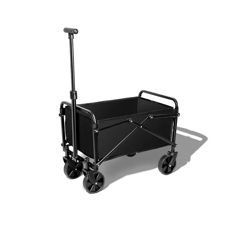 Wagon de camping noir pliable avec roues tout-terrain.