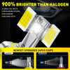 A close-up view of a bright yellow LED headlight bulb and a halogen bulb, highlighting the improved light output.