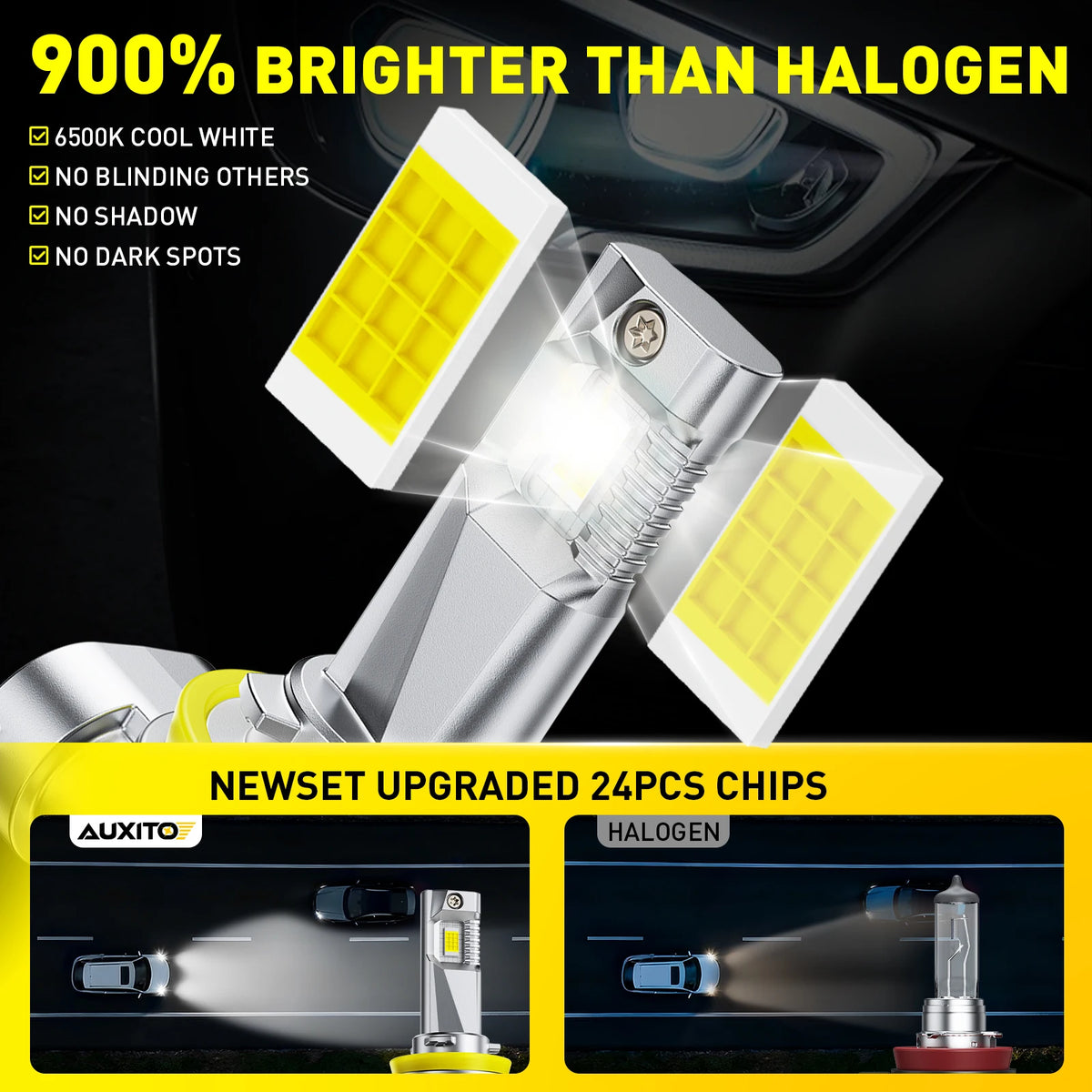 A close-up view of a bright yellow LED headlight bulb and a halogen bulb, highlighting the improved light output.
